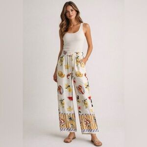 BAILEY 44 Ivory High Rise Pull On Wide Leg Pants Summer Tropical Print
